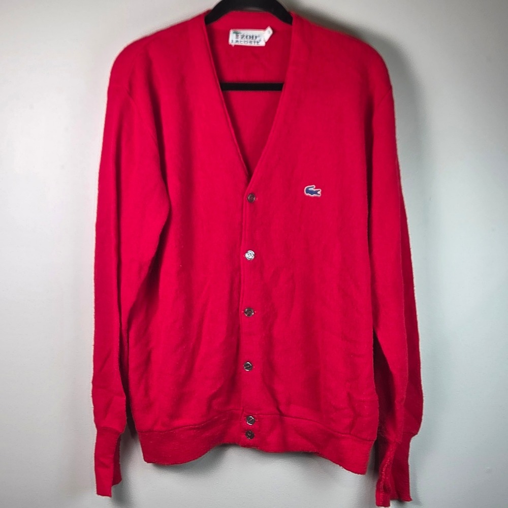 Izod Lacoste Cardigan Men L Red Good Vintage 80s Orlon Acrylic Preppy Knit